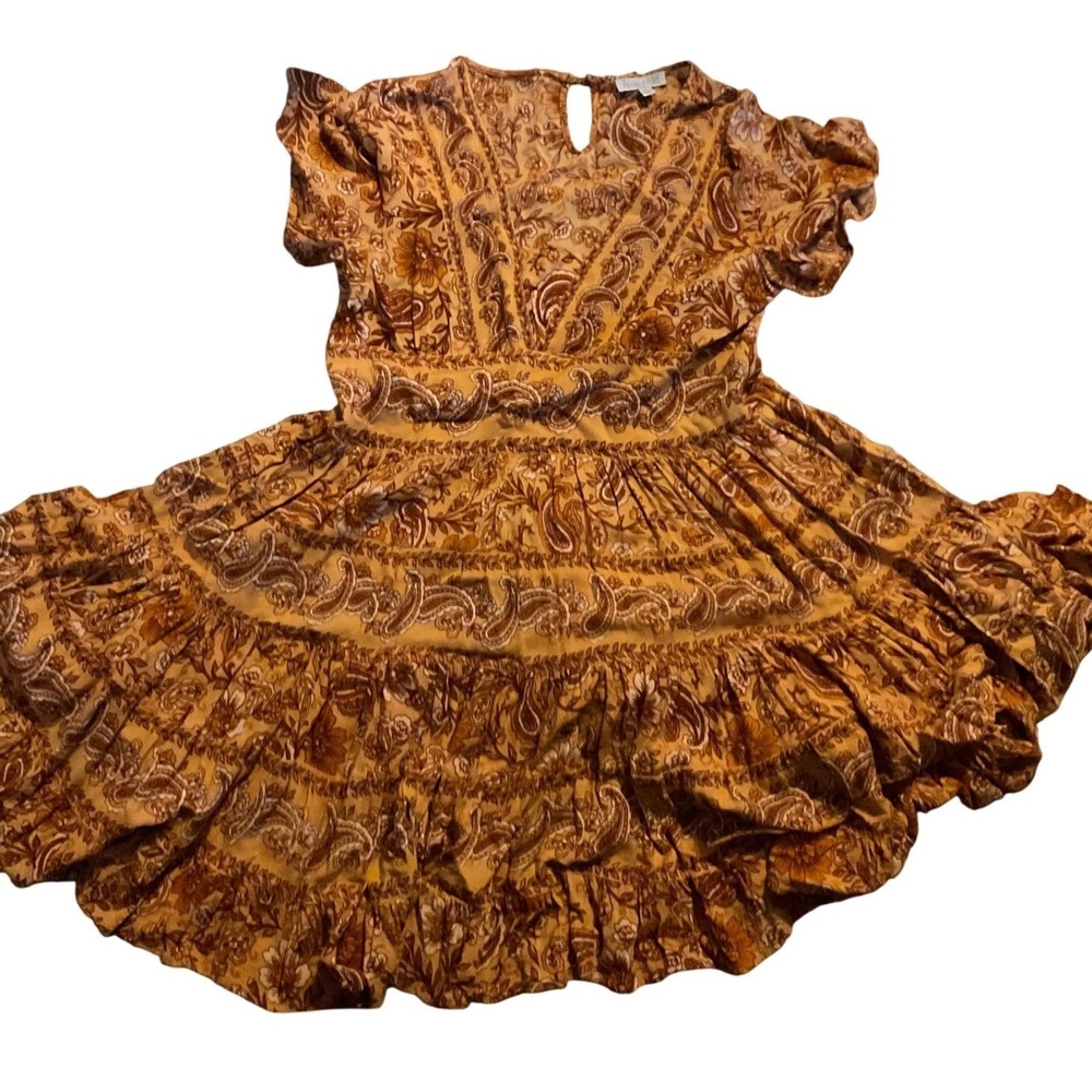 Patrons of Peace Womens Paisley Tiered Mini Dress Mustard Brown Boho Smallβ